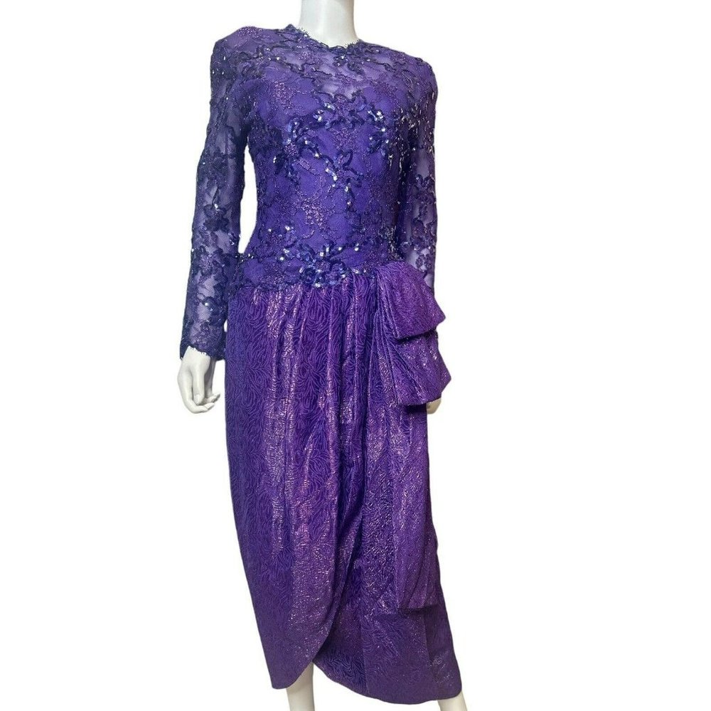 Vintage 80's Victor Costa purple sequin Lace Gown Dress sweetheart designer sexy